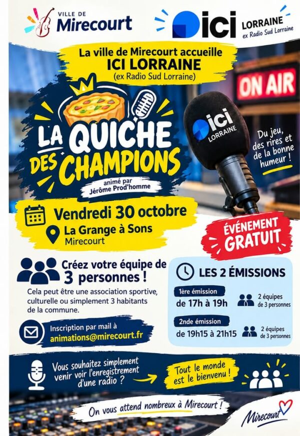 🎙️🥧 𝗟𝗔 𝗤𝗨𝗜𝗖𝗛𝗘 𝗗𝗘𝗦 𝗖𝗛𝗔𝗠𝗣𝗜𝗢𝗡𝗦 𝗱𝗲́𝗯𝗮𝗿𝗾𝘂𝗲 𝗮̀ 𝗠𝗶𝗿𝗲𝗰𝗼𝘂𝗿𝘁 ! 📻 La Ville de Mirecourt accueillera…